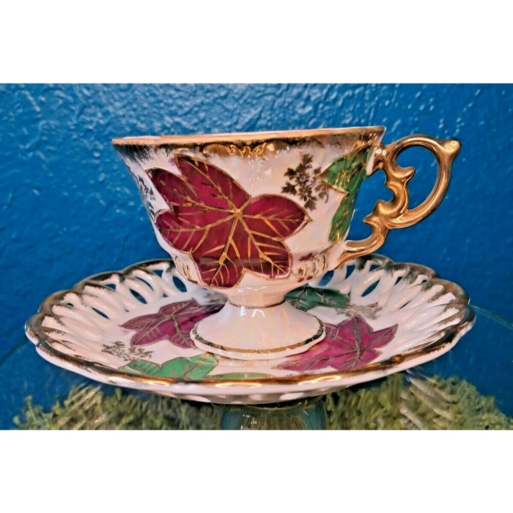 Vintage Fan Crest Tea Cup and Saucer Set Hand Painted